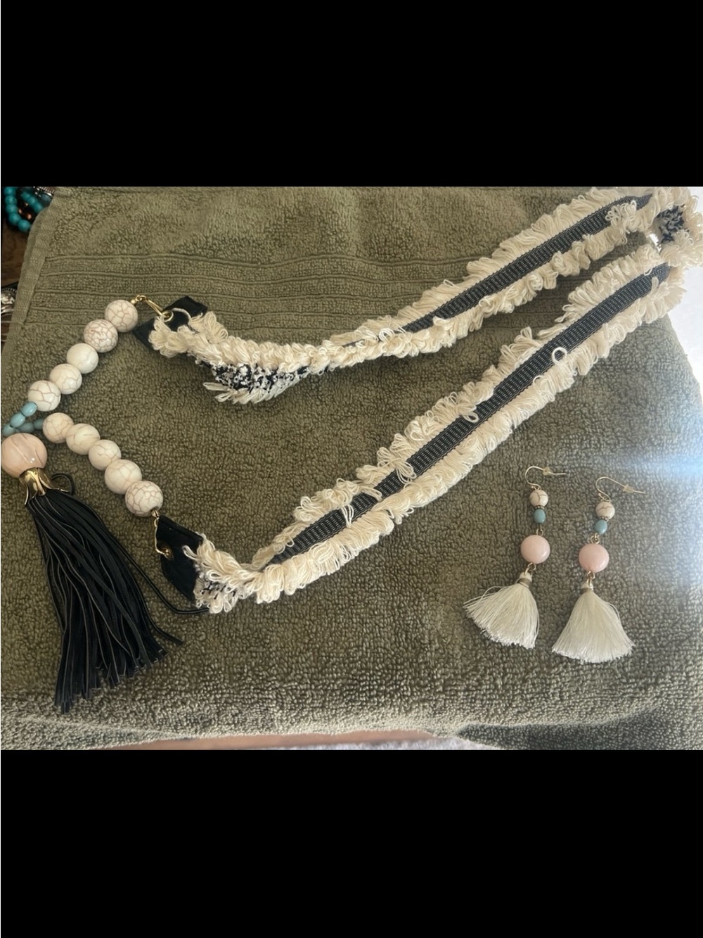 Boho Fringe Beaded Necklace with Matching Tassel Earrings - Cream, Black, Pink